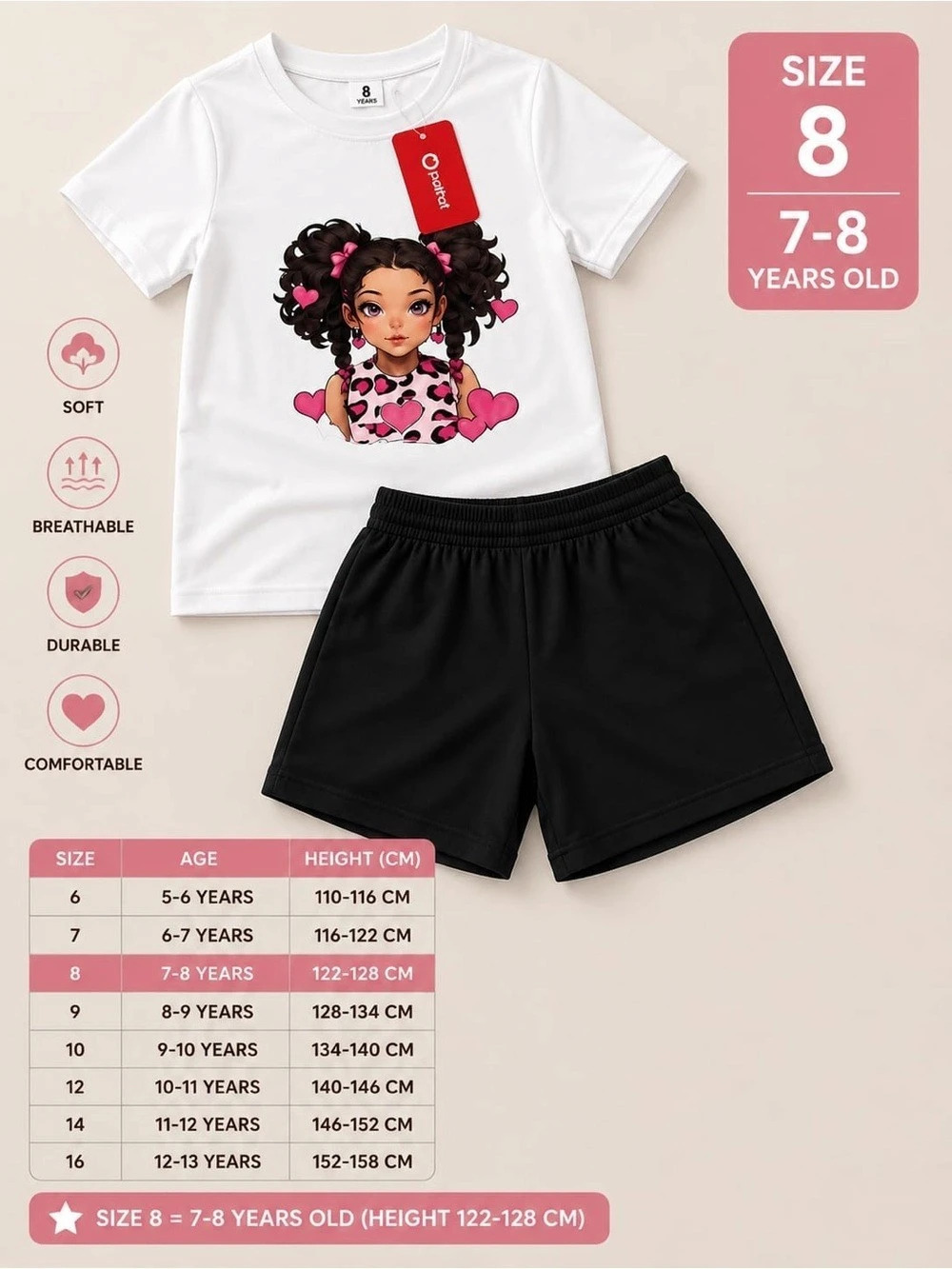PatPat Graphic Tee & Shorts Set Girls Size 8